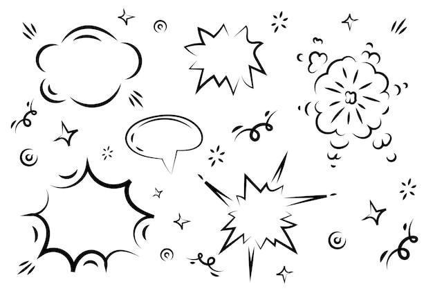 Cartoon clouds and explosions set for comics Speech bubbles Thinking and speaking clouds with doodle vector set