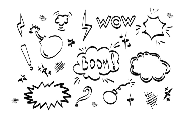 Cartoon clouds and explosions set for comics Speech bubbles Thinking and speaking clouds with doodle vector set