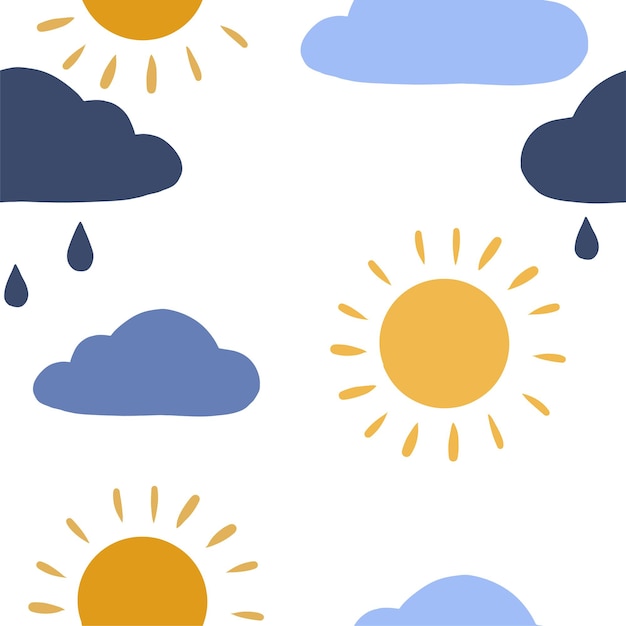 만화 구름, 빗방울, 태양. 날씨 완벽 한 패턴입니다. 손으로 그린 그래픽 벡터 장식입니다. 포장지, 벽지, 배경, 직물을 위한 다채로운 디자인.
