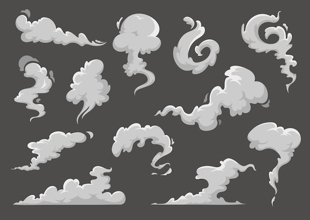 Vector cartoon clouds steaming smoke and steam flows