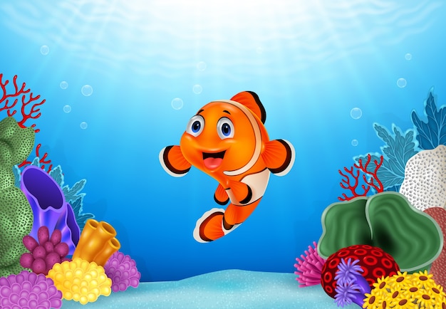 Cartoon clown fish con un bellissimo mondo sottomarino