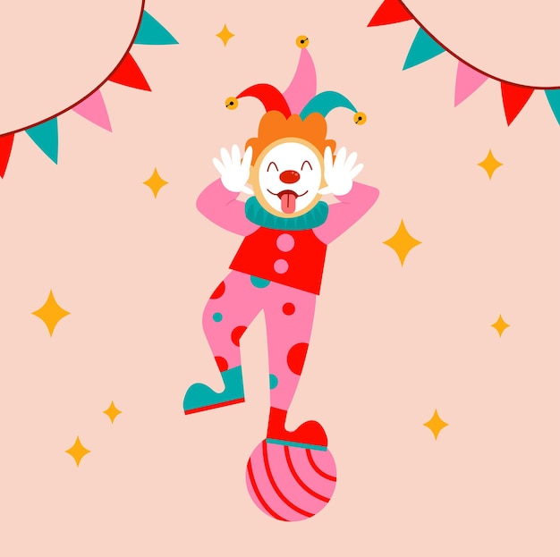 Vector cartoon clown shows his tongue and stands on one leg on the ball