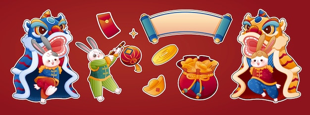 Cartoon CNY lion dance element set