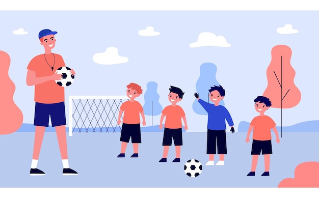 Premium Vector | Cartoon coach training and teaching kids playing football