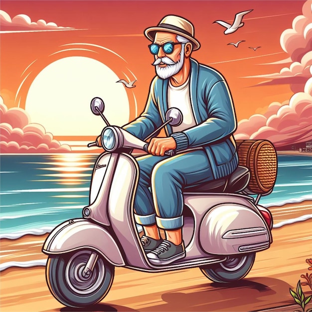 Cartoon Coastal Cruise Grandpas White Vespa Sunset Ride