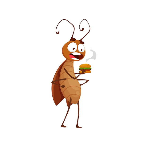 Vector cartoon cockroach character eating burger bug