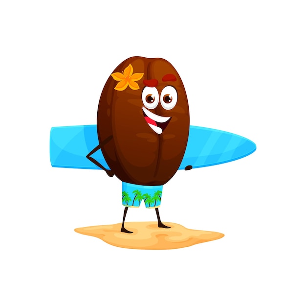 Cartoon coffee bean character with surf board