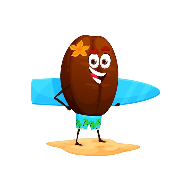 Vector cartoon coffee bean character with surf board