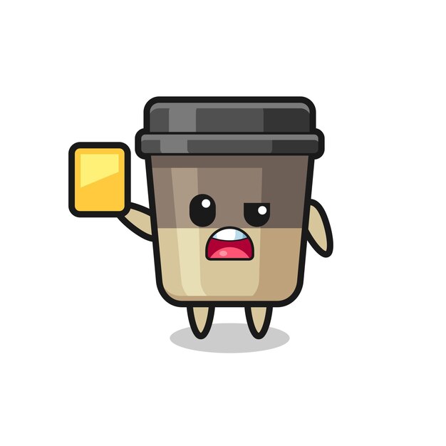 Мультяшный персонаж с кофейной чашкой в виде футбольного рефери, дающий желтую карточку, симпатичный дизайн футболки, стикер, элемент логотипа