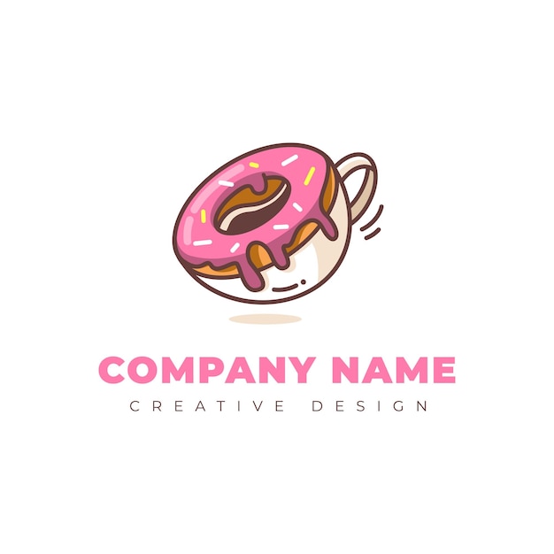 Vector cartoon coffee cup and donut logo shop bakery store doughnut icon or label with pink sweet cream set option color full