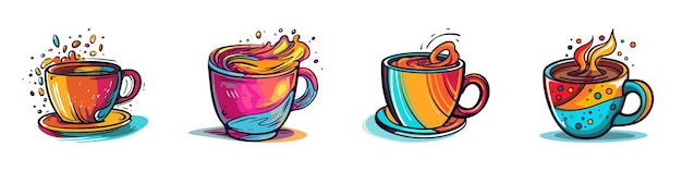 Набор чашек кофе мультфильм векторные иллюстрации