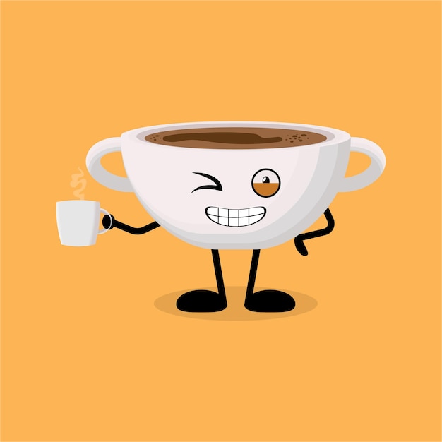 Cartoon coffee cup with smiling face and drinking coffee