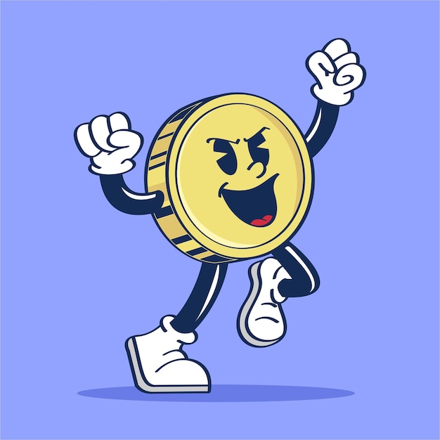 A cartoon of a coin character jump and say horay with evil laugh hand drawing illustration