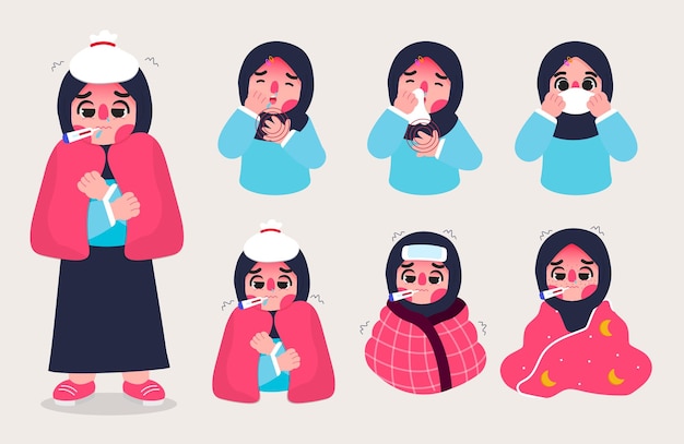 Vector cartoon collection of sick child figurines