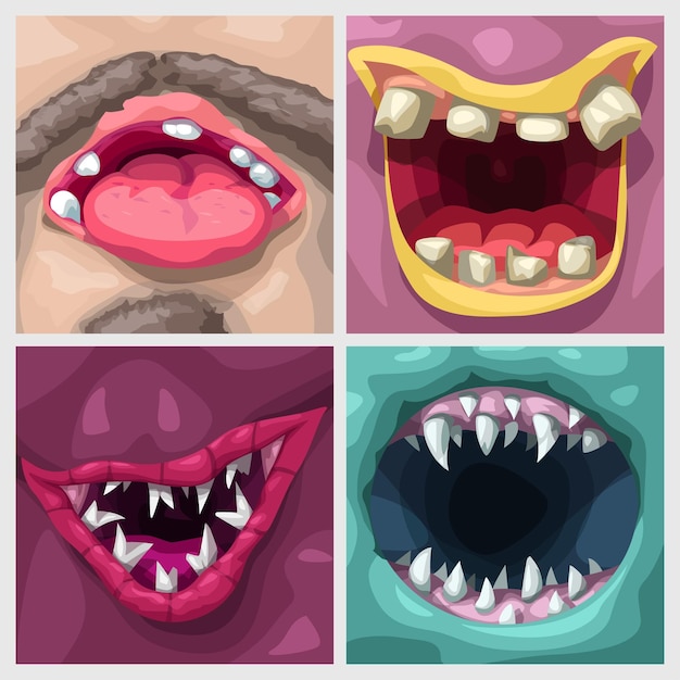 Vector cartoon coloful monster open mouths in set