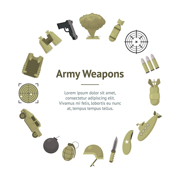 Cartoon color army weapons banner card circle military concept flat design style inclusief van explosion mine vest en target vector illustratie