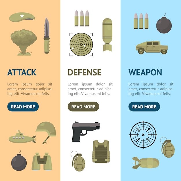 만화 컬러 육군 무기 배너 트릭 세트 군사 개념 평평한 디자인 스타일 폭발 지뢰 베스트와 타 터 일러스트레이션을 포함합니다.
