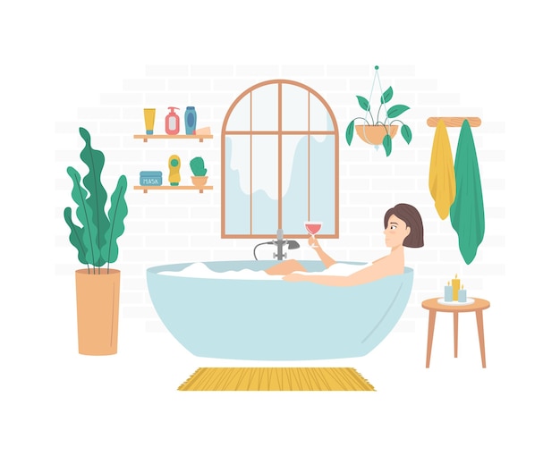 Cartoon Color Character Person Girl Relaxes in Bath Concept Vector