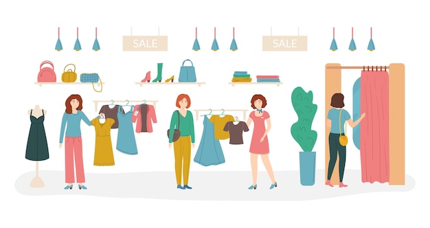 Cartoon Color Character Person Woman and Shopping Retail Store Concept Vector