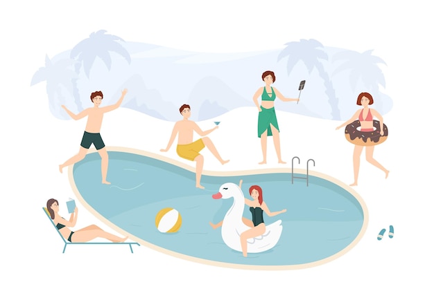 Cartoon Color Characters Mensen en Pool Party Concept Vector
