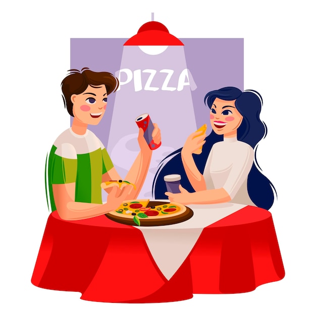 Cartoon Color Characters Mensen Vrienden in Pizzeria Concept Vector