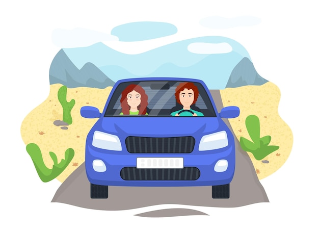 Cartoon Color Characters People Couple in Car Concept Vector