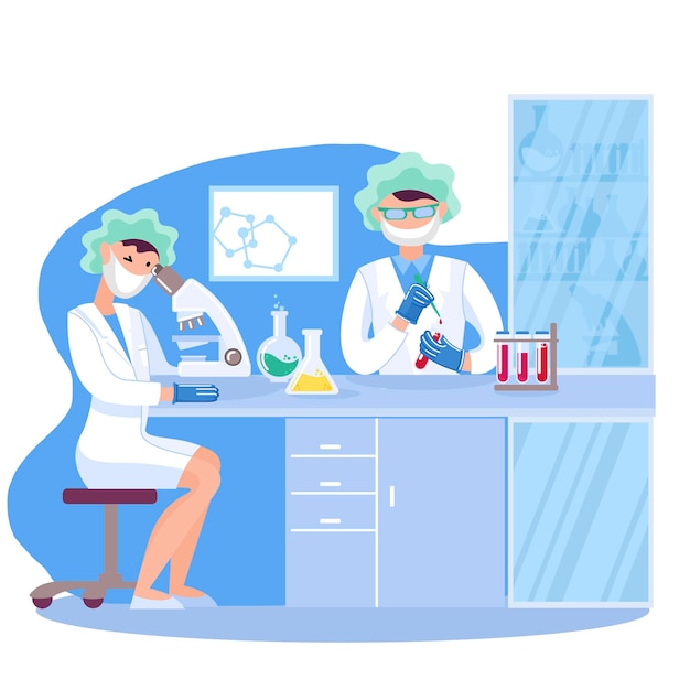Cartoon Color Characters People Scientists in Lab Concept Vector