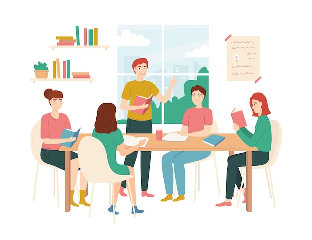 Cartoon Color Characters People Students Sitting Together at Table with Books Concept Vector