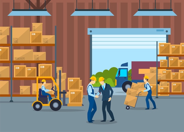cartoon color characters people and warehouse interior inside concept vector