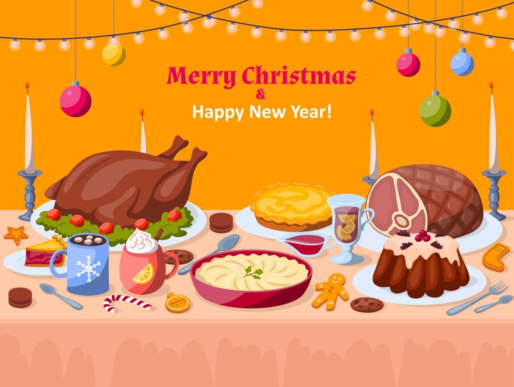 Vector cartoon color christmas dishes on table concept poster card invitation vector