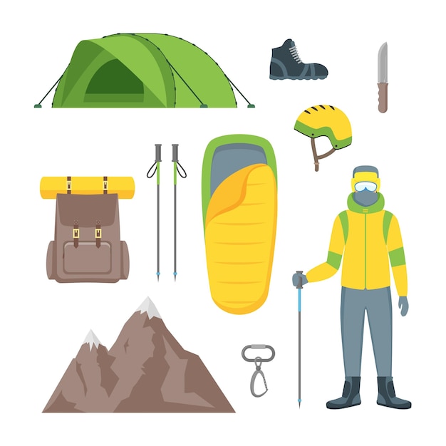 Vector cartoon color climbing hiking icon set inclusief van de berg en tent plat ontwerp stijl vector illustratie van iconen