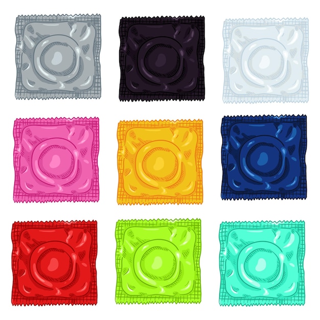 Cartoon Color Condoms. Vector Illustrations Set