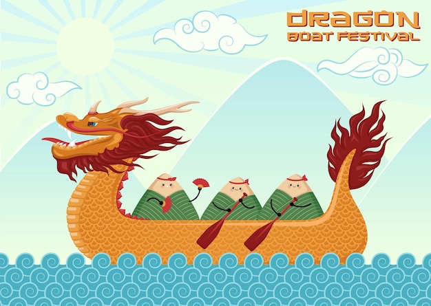 Cartoon Color Dragon Boat Festival Concept Banner Poster Kaart Vector