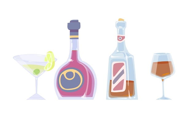 Vector cartoon color drawing of bottles and glasses with alcoholic drinks on a white background. vector illustration.