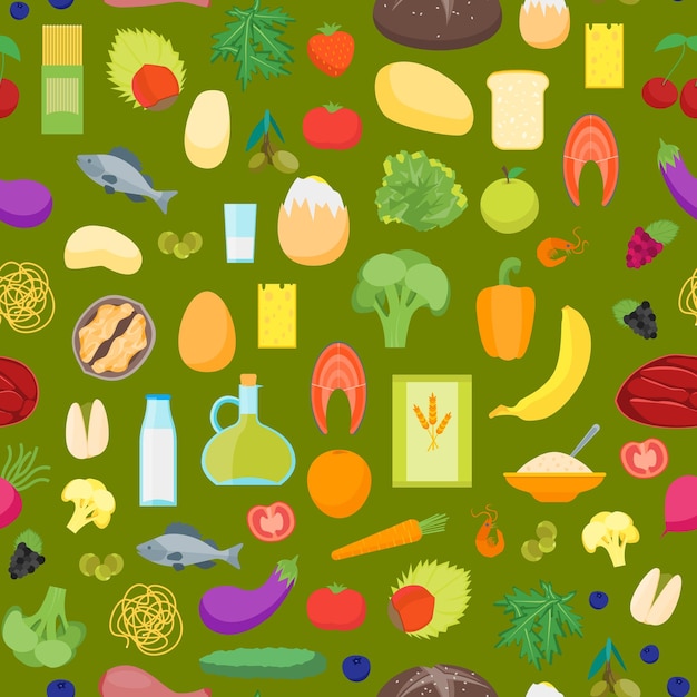 Cartoon color healthy food background pattern on a green nutrition diet for health flat design style vector illustration