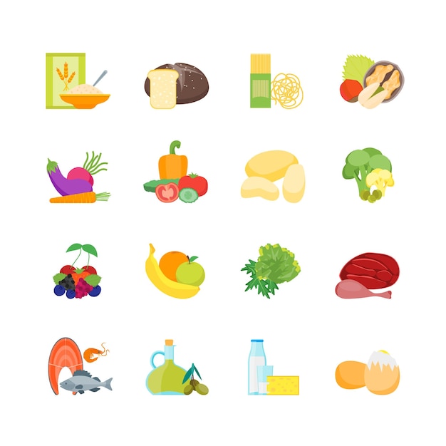 Cartoon Color Healthy Food Set Nutrition Diet for Health Flat Design Style