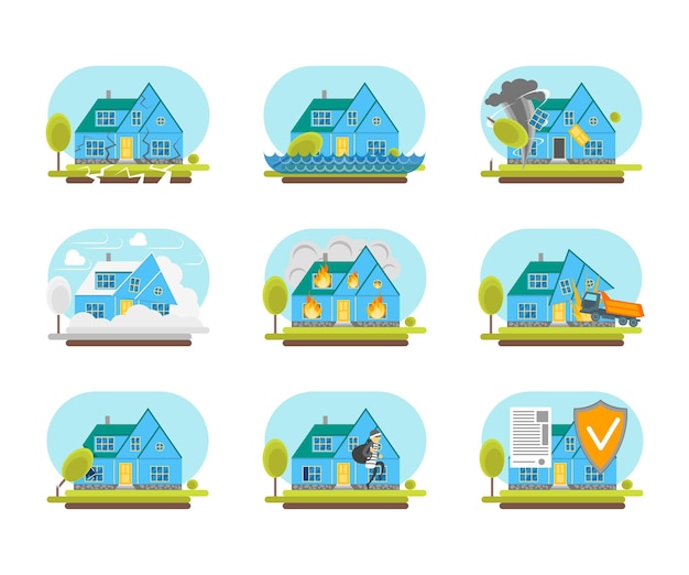 Vector cartoon color house insurance service icons set vector