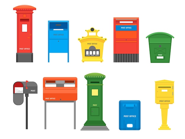 Cartoon color mail box set post concept flat design style simbolo della lettera di consegna illustrazione vettoriale della cassetta postale