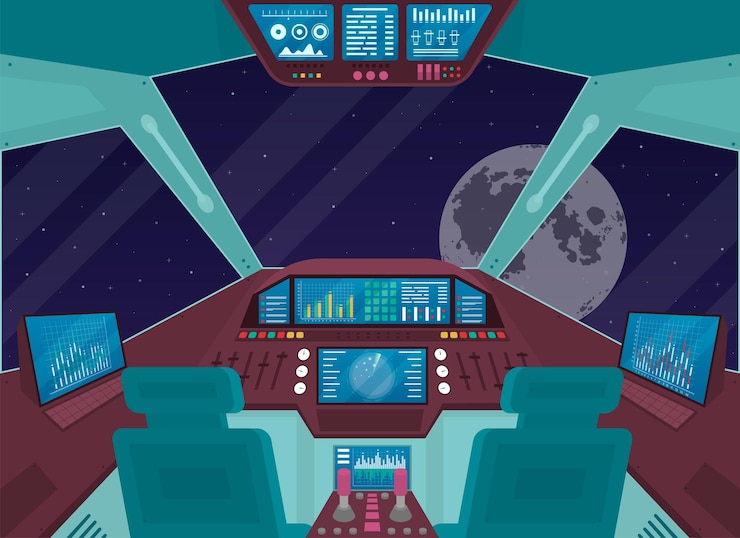 Vector cartoon color spacecraft shuttle ship interior inside concept vector