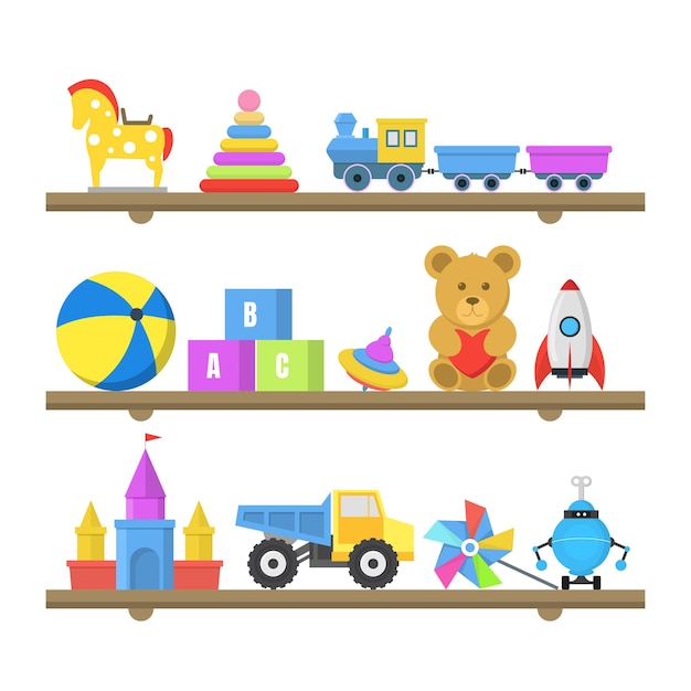 Vettore i giocattoli a colori dei cartoni animati sugli scaffali includono ball car bear rocket pyramid e train