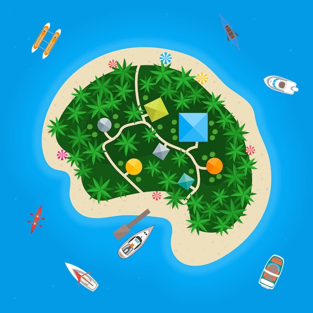 Cartoon Color Tropical Island in Water Vector