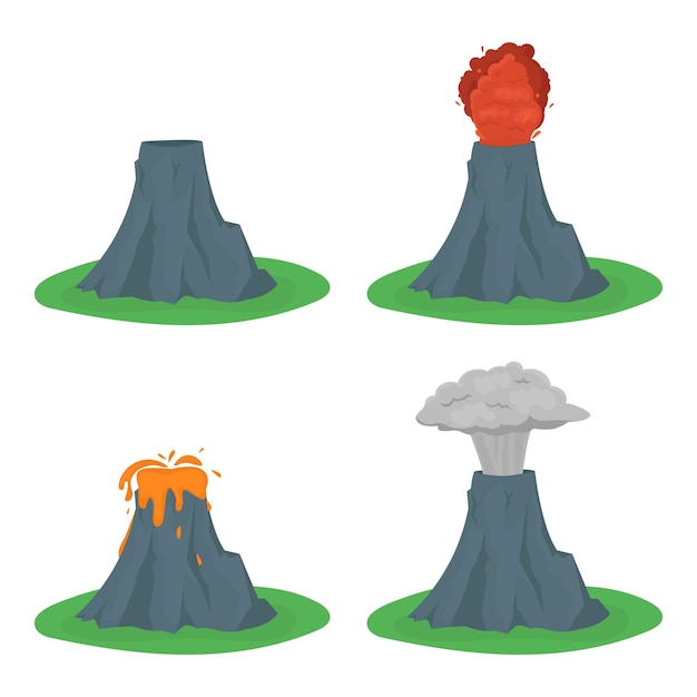 Cartone animato colore vulcano in eruzione imposta diverse fasi di design in stile piatto montagna vulcanica. illustrazione vettoriale