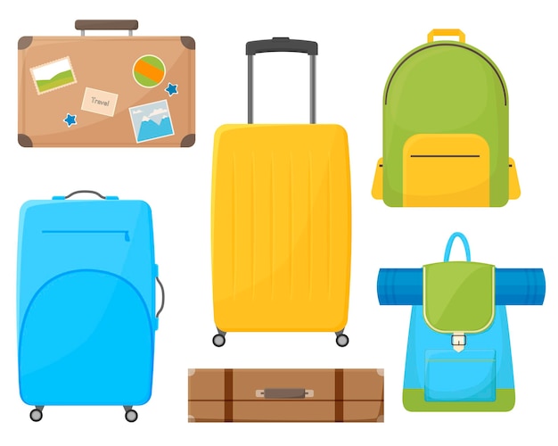 Мультяшный цветной набор багажа, изолированные на белом фоне, различные пластиковые и кожаные багажа, плоские векторные иллюстрации, различные дорожные чемоданы и рюкзаки, дорожные чемоданы