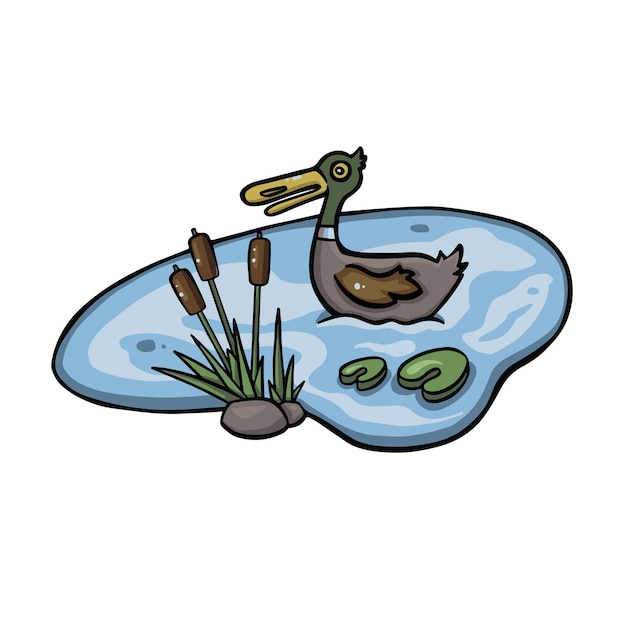 Vector cartoon colored duck swimming in the pond line vector