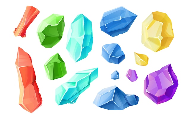 Vector cartoon colorful crystal gems mineral stones jewel rocks on a white background