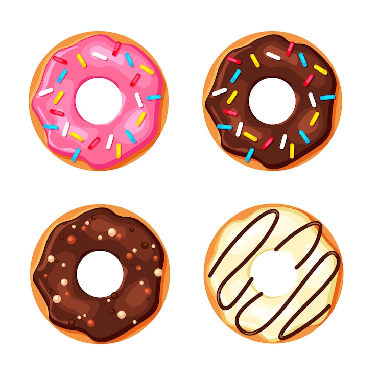 Vector cartoon colorful donut set isolated on white background. top view sweet sugar doughnuts. illustration in a trendy flat style.