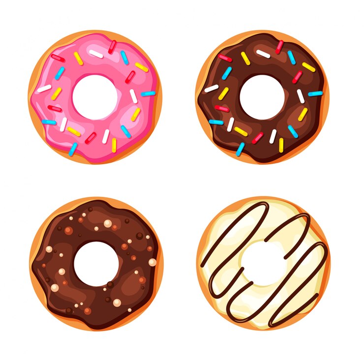 Cartoon colorful donut set isolated on white background. Top view sweet sugar doughnuts. illustration in a trendy flat style.