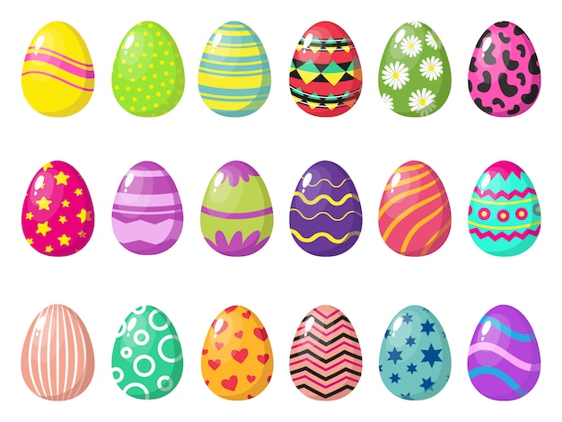 Cartoon colorful easter eggs  with patterns  on white background