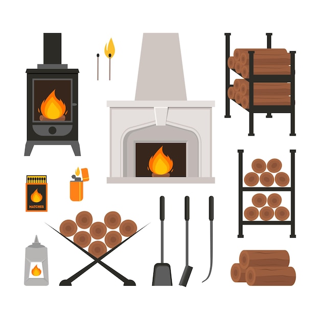 Cartoon Colorful Fireplace Icons Set Flat Style Design for Web