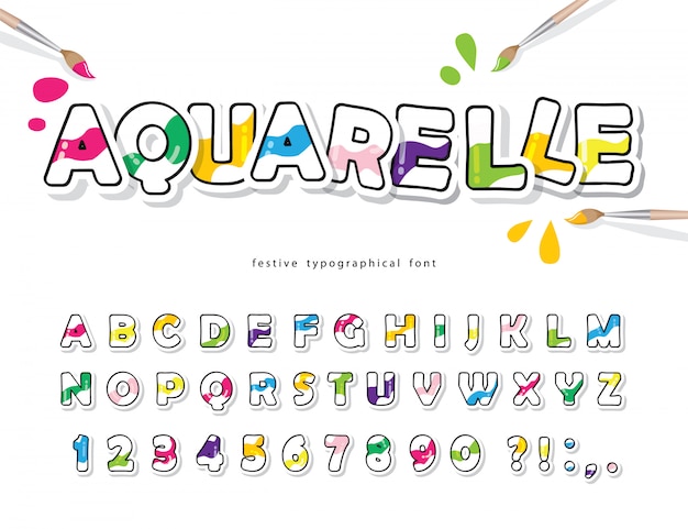 Cartoon colorful font for kids. creative aquarelle alphabet.